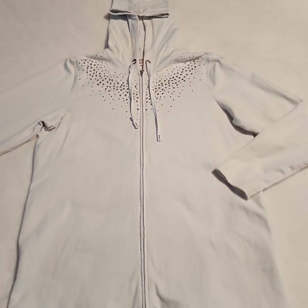 Quacker Factory EUC Rhinestone Embellished Zip Front Hoodie Light Gray Size Medi